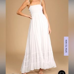 Lulus Serene Sunshine White Swiss Dot Smocked Cutout Tiered Maxi Dress